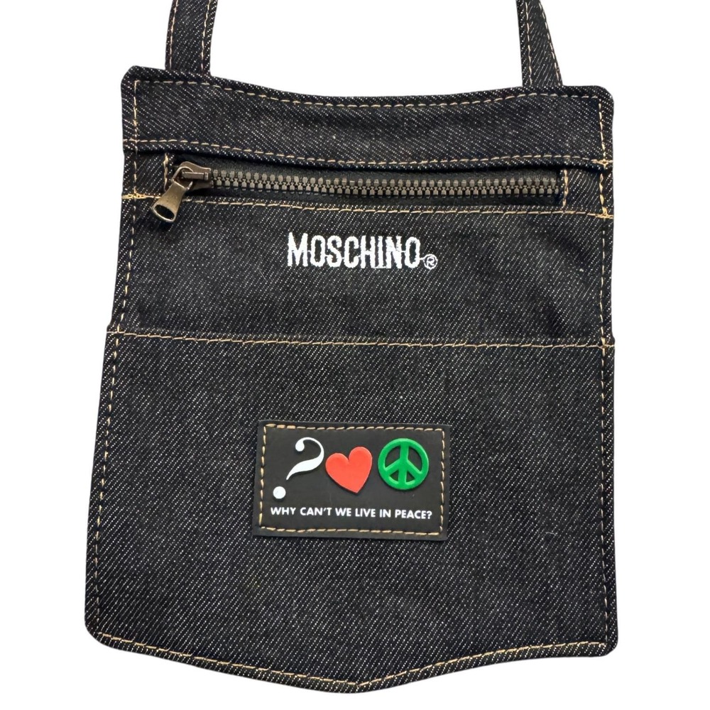 VTG 80s Moschino Denim Mini Pouch & Crossbody Bag Set Why Can't We Live in Peace - Picture 2 of 12
